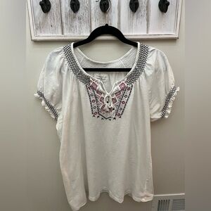Charter Club White Embroidered Cotton Short Sleeve Top, Size XL